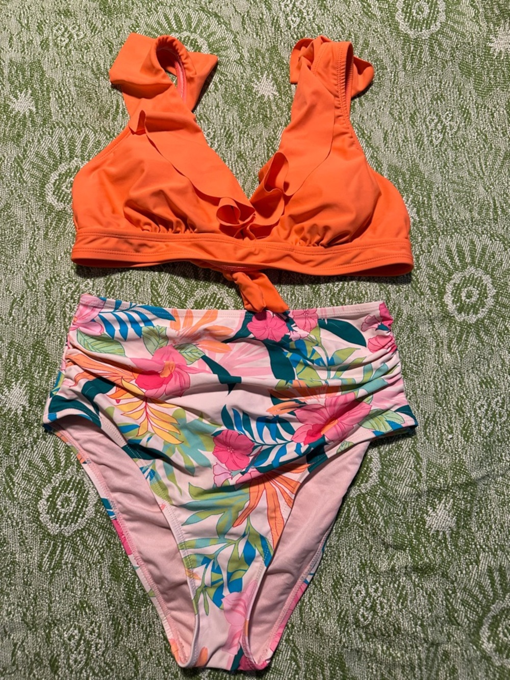 Orange Ruffle Bikini Top with Tropical Floral High-Waist Bottoms